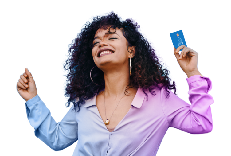 Woman dancing while holding a REZUROCK® (belumosudil) card in her hand with a blue background.