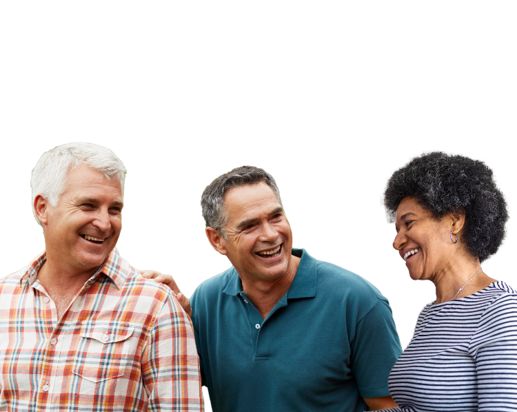 Two men and a woman smiling and engaging in conversation with each other with a blue background.