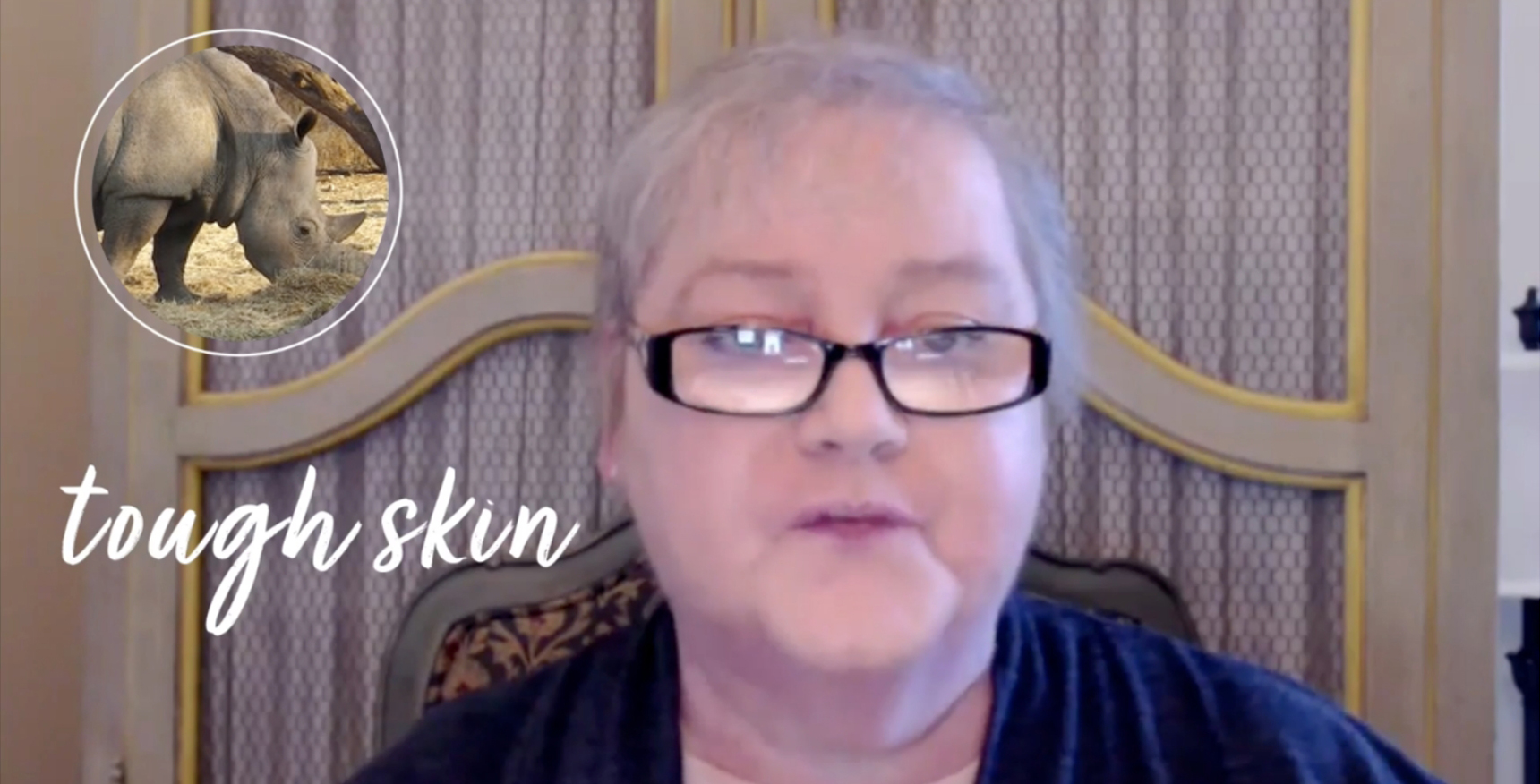 Video thumbnail of an elderly woman wearing glasses, with overlay text stating 'Tough Skin'.