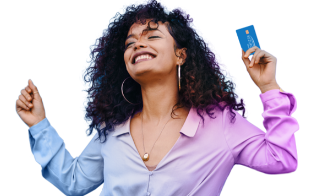 a happy young woman holding a savings card