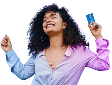 a happy young woman holding a savings card